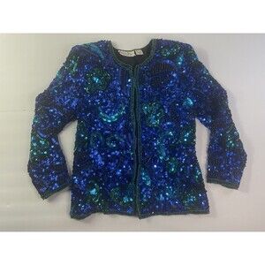 Vintage Laurence Kazar Women Silk Beaded Sequin Blue Green Black Jacket Size PP